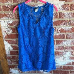 Cobalt Blue Floral Sleeveless Blouse Resortwear Celestial Fairy Top Sz M Boho